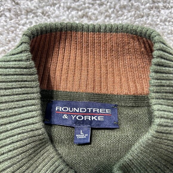 Roundtree & Yorke Sz L Green Full-Zip Ribbed Sweater With Suede Shoulder Patches - Picture 6 of 9